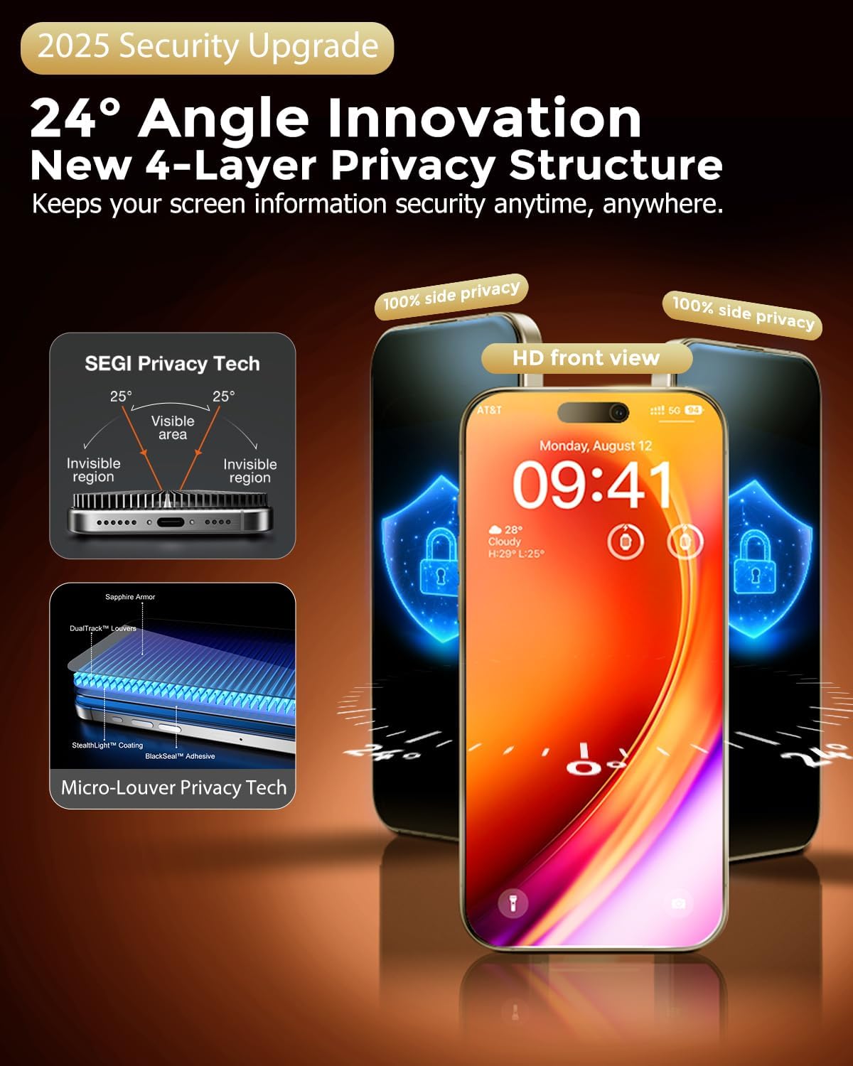 9H+ Top Glass for iPhone 16 Pro Privacy Screen Protector (13FT Military Grade Shatterproof & 100% Anti-Spy) Privacy Screen iPhone 16 Pro Glass,2 Pack